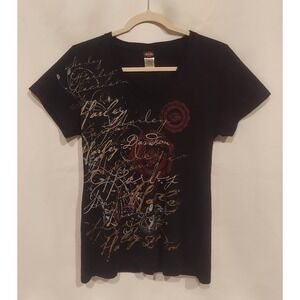 Harley-Davidson Womens All-Over Script Graphic V-Neck T-Shirt Tee Size Large
